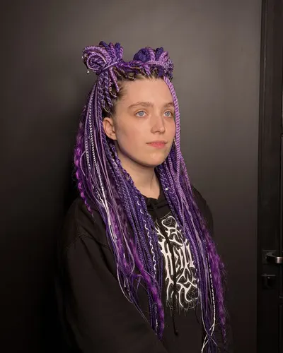 Violet braids and dreadlocks with space buns — Cemra beauty studio, Vilnius