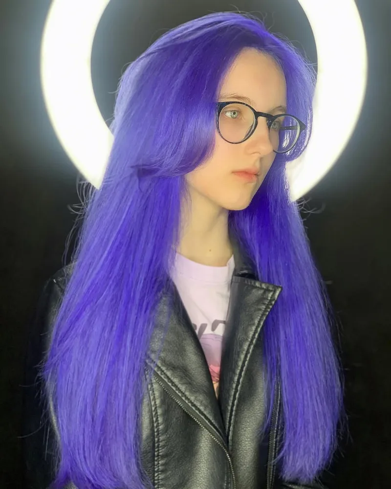 Vivid violet hair coloring — creative color Vilnius
